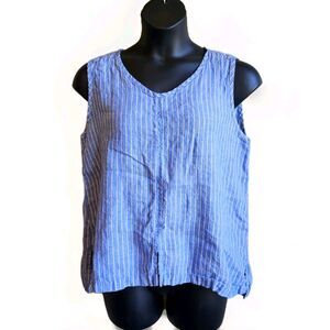FLAX Linen Blue Lightweight Striped Sleeveless Blouse Top - Medium M